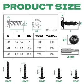 Jyvex Pack of 100 Black Flat Head Screws M5 x 30 mm Rounded Head Screws Wood, Stainless Steel A2 V2A Black Wood Screws, Black Screws for Acoustic Panels, Torx Flat Head Screws