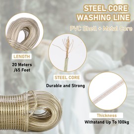 Steel Core Clothes Line, 20 Meters Strong Steel Core, PVC Coated Weather and Rust resistant Washing Line, Easy To Use, Washing Rope for Indoor, Outdoor, Garden, Laundry Rooms and Camping