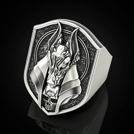 Anubis Ring, Gothic Wolf Head Ring for Men, Egyptian God Anubis Amulet Ring Norse Viking Wolf Animal Ring Anubis Wolf Jewelry, Hip Hop Wolf Band Ring Punk Wolf Shield Ring (10, Silver)