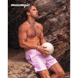 MaaMgic Mens Short Swim Trunks Quick Dry Swimming Shorts Print Bathing Suits with Mesh Lining,Pink Striped,Large