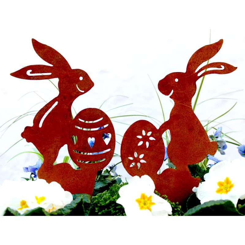 Set of 2 Garden Stakes Rabbit Pair Easter Bunny Rust
