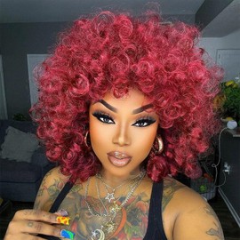 PHOENIXFLY Red Curly Wigs for Black Women Short Loose Burgundy Curly Wigs for Women Curly Synthetic Hair Wig Heat Resistant Hair Replacement with Wig Caps(Burgundy,Red)