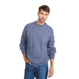 Men's Irish Traditional Aran Wool Pullover Sweater (X-Large, Denim)