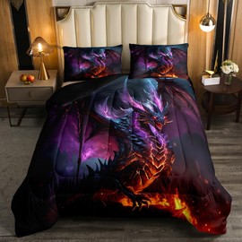 Erosebridal Black Dragon Comforter Set Queen Magic Animal Bedding Set, Magical World Down Comforter Neon Purple Lightning Quilted Duvet, Fire Flames Bed Set Kids 3D Dragon Theme Bedroom Decorations