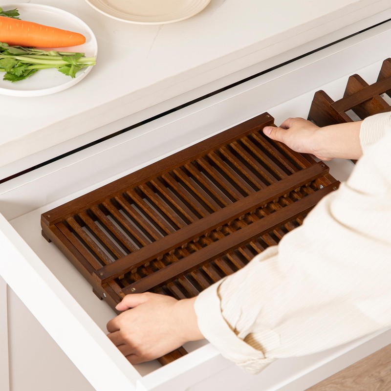 HBlife Dish Rack,Teak Folding 2-Tier Collapsible Drainer Dish Drying Rack