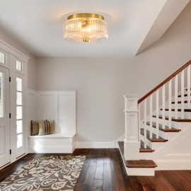 Glass Flush Mount Ceiling Light: 12" Round Clear Ribbed Glass Chandelier - Mid Century Modern Drum Ceiling Light - 3 Lights Gold Fixture Over Kitchen Sink Entryway Foyer Bedroom Bathroom Dining Room