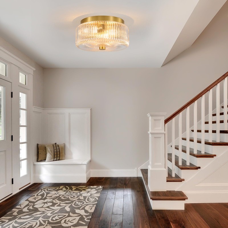 Glass Flush Mount Ceiling Light: 12" Round Clear Ribbed Glass