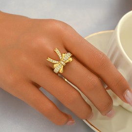 18K Gold Plated Stackable Bow Rings for Women Dainty Adjustable Open Cubic Zirconia Friendship Bow Knot Rings