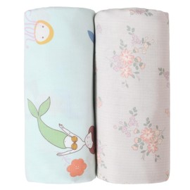 OWLOWLA Muslin Swaddle Blankets for Baby Boys Girls,2 Pack Baby Swaddle Blanket 45x45 Inches,Muslin Cotton Receiving Blanket Wrap for Unisex Newborn(Gray Floral&Mermaid)