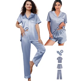 WJing Yi Jia 5Pcs Womens Silk Satin Pajamas Sets XS-XXL Short Pj Sets Button Down Pjs Set Sleepwear Loungewear Dusty Blue