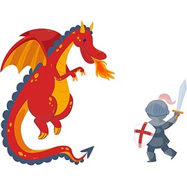 Red Dragon Breathing Fire at Brave Knight for Nursery Vinyl Wall Decal - Cute Mythical Beast and Soldier with Shield and Sword Drawing for Kid's Bedroom Wall Decor - 20" x 15"