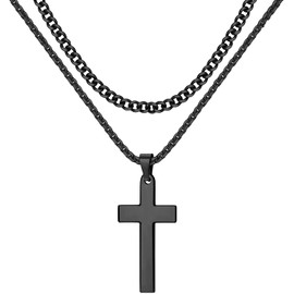 MILACOLATO Layered Cross Necklace for Men Cuban Link Chain Necklace for Boys,Layered Stainless Steel Cross Pendant Silver Gold Black Simple Gift Teens Women Girls 51-56cm