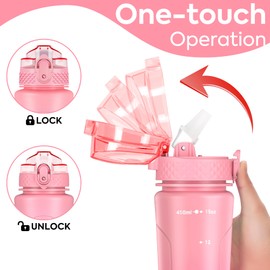 OLDLEY Kids Water Bottle with Straw 15 oz BPA-Free Leak-Proof Motivational Water Bottles with Time Marker for School Sports Travel Gym, Easy to Use for Girls Goys, 1 Straw Lid, Pink Purple