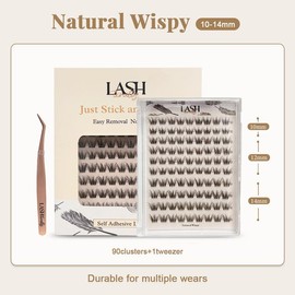 【Lashterally】Makeup # 10-14mm Self-adhesive Glue free Easy Removal DIY lash Extensions natural classic Upgrade D Curl Thick natural  Eyelashes 90/110/120 clusters Tweezer free:_Natural Wispy