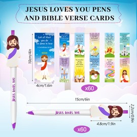 CroBlissful 120 Pcs Christian Jesus Pens Bulk Catholic Religious Gift Set Jesus Loves You Ballpoint Pen with Bible Verse Bookmarks for Sunday School Scripture Church Gifts for Graduation Party