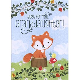 Designer Greetings Cute Fox on Tree Stump : Snail on Mushroom Juvenile Thanksgiving Card for Granddaughter