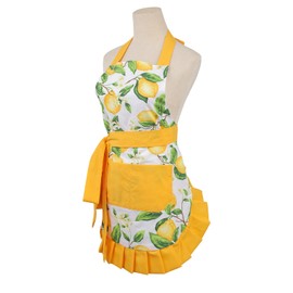 Surblue Women Hem Apron with 2 Pockets for MOM and ME Cotton Extra-Long Tie,Heavy Duty Aprons for Cooking, Baking, BBQ, Gardening,Yellow Lemon,Adult