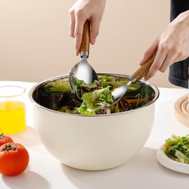 FAB4HOME Salad Bowl and Server Set Stainless Steel Salad Mixing Bowl with Salad Spoon & Fork Large Metal Kitchen Bowl for Food Preparing and Serving, 26cm, Dishwasher Safe (Cream)
