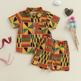 Mubineo Toddler Baby Boy Summer African Print Kente Dashiki Clothes Outfits T Shirts Shorts Sets (Yellow, 12-18 Months)