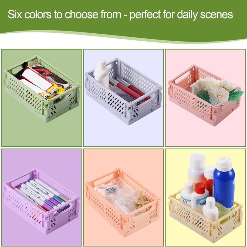 HUUSMOT 6-Pack Small Pastel Plastic Storage Baskets, Collapsible Crates for