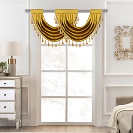 VOGOL Super Soft Retro Velvet Valance, Gold Vintage Style Light Filteing Swag Valance with Tassels, 1 Panel Decoratuve Rod Pocket Waterfall Valance for Office, (Yellow, W26)