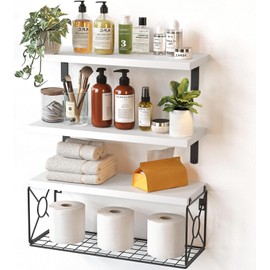 Amada Bathroom Shelves Over Toilet with Storage Basket, Floating Shelves Wall Shelves for Home Organization & Wall Decor, Bathroom/Kitchen/Living Room Shelves–White