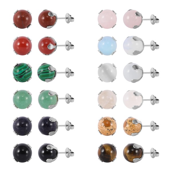 JUSTJANDM 12 Pairs Multi Natural Gemstone Round Bead Ball Stud