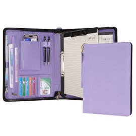 Wason A4 Portfolio with Zipper - Leather PU Padfolio with Detachable Ring Binder and Writing Notepad Holder, Conference File Multi-Pockets Organizer for Office Travel School (Purple)