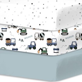 Little Grape Land 3 Piece Soft & Breathable Baby Crib Sheet Set with Cartoon Print, Fits Standard Crib Mattress Hypoallergenic for Newborns & Toddlers (Truck)