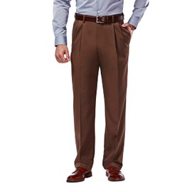 Haggar mens Mynx Gabardine Hidden Expandable Waistband Classic Fit Front Pleated dress pants, Oak, 36W x 29L US