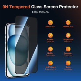 KUZOOM 2 Pack Privacy Screen Protector for iPhone 15, 9H+ Tempered Glass Anti Spy Private Film, Easy Installation, Auto Alignment Dust Removal, Military-Grade Protection, Bubble-Free