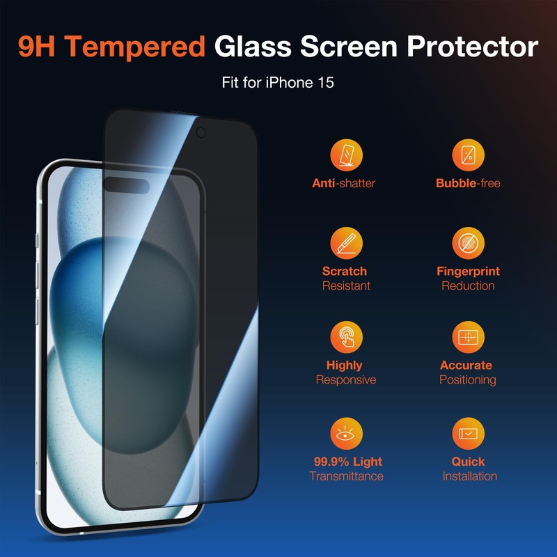 KUZOOM 2 Pack Privacy Screen Protector for iPhone 15, 9H+