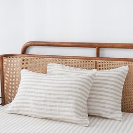 S VICTORY SYMBOL 100% Stripe Linen Pillow Cases Set of 2,French Natural Linen Yarn Dyed Beige Striped Pillowcase,Standard(Queen) 20"x30",Breathable and Durable&Envelope Closure