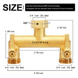 Heavy Duty Brass 2-Way Garden Hose Splitter, 3/4" GHT Threads, Metal Shutoff Valve, Long Handle