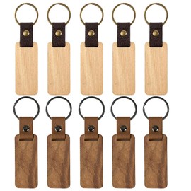 10 Pieces Key Fob Wooden Blank Leather Key Ring Book for Laser Engraving Key Ring Blank DIY Various Wooden Pendants for Painting Gifts Decoration, Burlywood