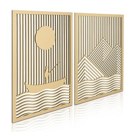 AnairsMo Lake Life and Mountain Geometric Wood Wall Decor, Wooden Wall Art Sculpture, Modern Rustic Wooden Panels, 2 Panel Wood Art Wall Decor for Living Room, Bedroom, Office, Kitchen, Dinning Room