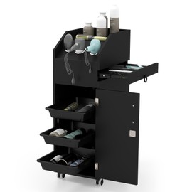 Safstar Salon Trolley Cart, Spa Beauty Cart with Wheels, 3 Drawers, Side Tray, 3 Hair Dryer Holders & 2 Keys, Salon Station for Hair Stylist Rolling Tool Cart Storage Station