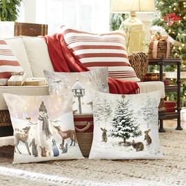 Pack of 4 Christmas Cushion Covers Linen, Christmas Cushion Nostalgia 45 x 45 cm, Christmas Decoration Indoor, Cushion Cover Christmas, Christmas Decoration American Cushion Cover for Sofa Bedroom Bed
