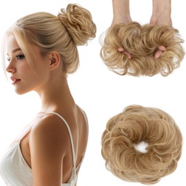 Elailite Messy Hair Buns Scrunchy Updo HairPiece Real Remy Human Hair Extensions Donut Chignons Curly Wavy Highlighted - #06/613 Light Brown Mix Bleach Blonde