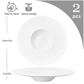 YALONG 11 Inch Pasta Bowls Set of 2, 10 oz Rimmed Soup Plates with Wide Rim, White Porcelain Pasta Plates and Soup Bowls, Shallow Pasta Bowls for Salad and Dining, Microwave & Dishwasher Safe