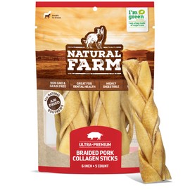 Natural Farm Braided Pork Collagen Dog Chews (5 Pack), Flavorful Braided Pork Collagen Sticks, Natural Dog Chews, Long Lasting, for Small, Medium, and Large Dogs, Odor-Free Rawhide Alternative