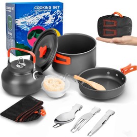 Camping Cookware Mess Kit 13PCS Outdoor Camping Cooking Set Lightweight 2-3 Person Camping Non-Stick Pot and Pan Set with Kettle Camp Cook for Outdoor Backpacking Hiking Picnic Fishing