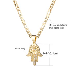 kelistom 14K Gold Plated Hamsa Hand Pendant Necklace 3MM Flat Figaro Chain Necklace with Cubic Zirconia Inlay Hamsa Necklaces for Women Men