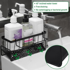 Moguxb Sink Organiser with Drain Pan Kitchen Sink Organiser with Dish Cloth Holder Stainless Steel Sponge Holder Sink Organiser for Kitchen and Bathroom No Drilling