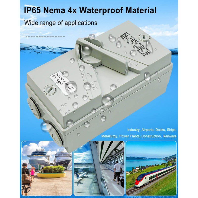 Enclosed Motor Disconnect Switch 63A 440V 4 Pole, IP65 Waterproof