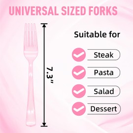 50 Pcs Clear Pink Plastic Forks, Pink Plastic Silverware, Heavy Duty Plastic Cutlery Set Disposable Utensils Sets for Brithday, Wedding, Baby Shower, Bridal Shower