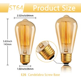 Sevici ST64 Edison Bulbs 6 Pack,Amber Vintage Incandescent Light Bulbs 110V 40W 240LM,E26 Base 2200K Dimmable Decorative Antique Squirrel Cage Filament Incandescent Bulb for Chandelier Pendant Lamps