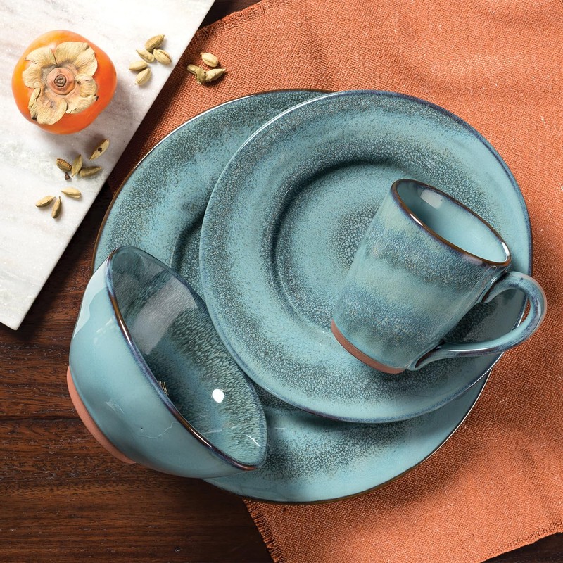 Sango 16-Piece Stoneware Dinnerware Set for 4, Glossy Blue &