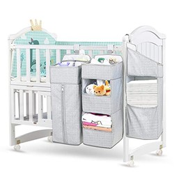 Organizador de pañales colgante para cuna de bebé, apilador de pañales 3 en 1 para cambiador, organizador de guardería, soporte de almacenamiento para artículos esenciales de bebé, combinación portátil (gris claro)