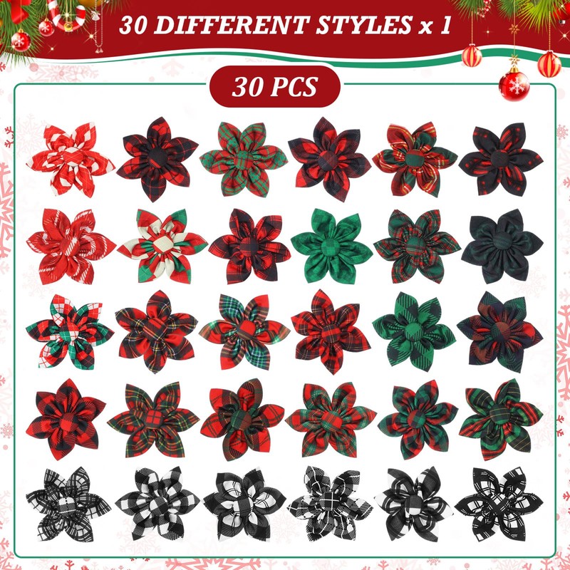 Sweetude 30 Pcs Plaid Dog Collar Flowers Bulk Plaid PET